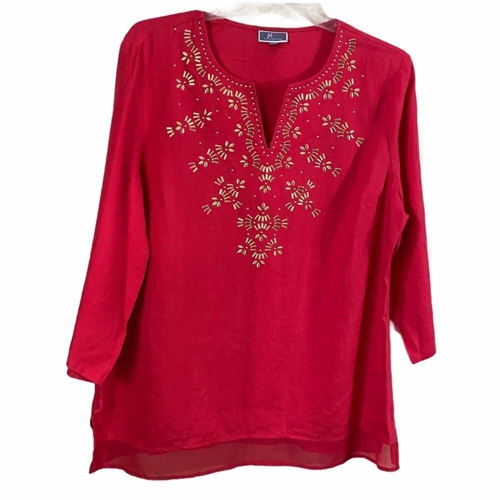 JM Collection Red/Orange Linen Tunic Top Size XL